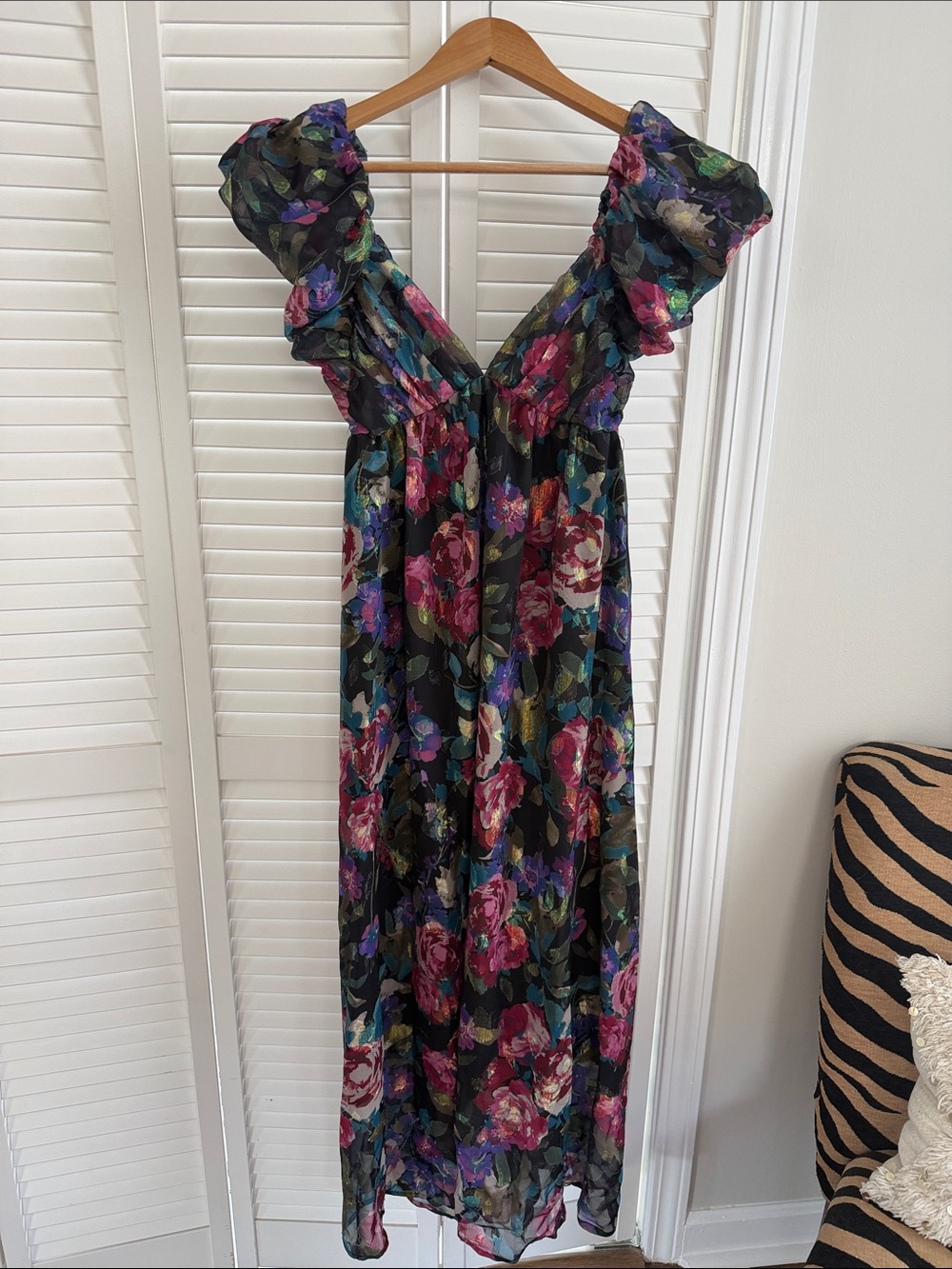 Floral Ruffle Maxi Dress with Deep V Neck
